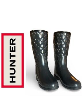 HUNTER Quilt Refined Gloss Quilt Slate Gray Rain Boots 8